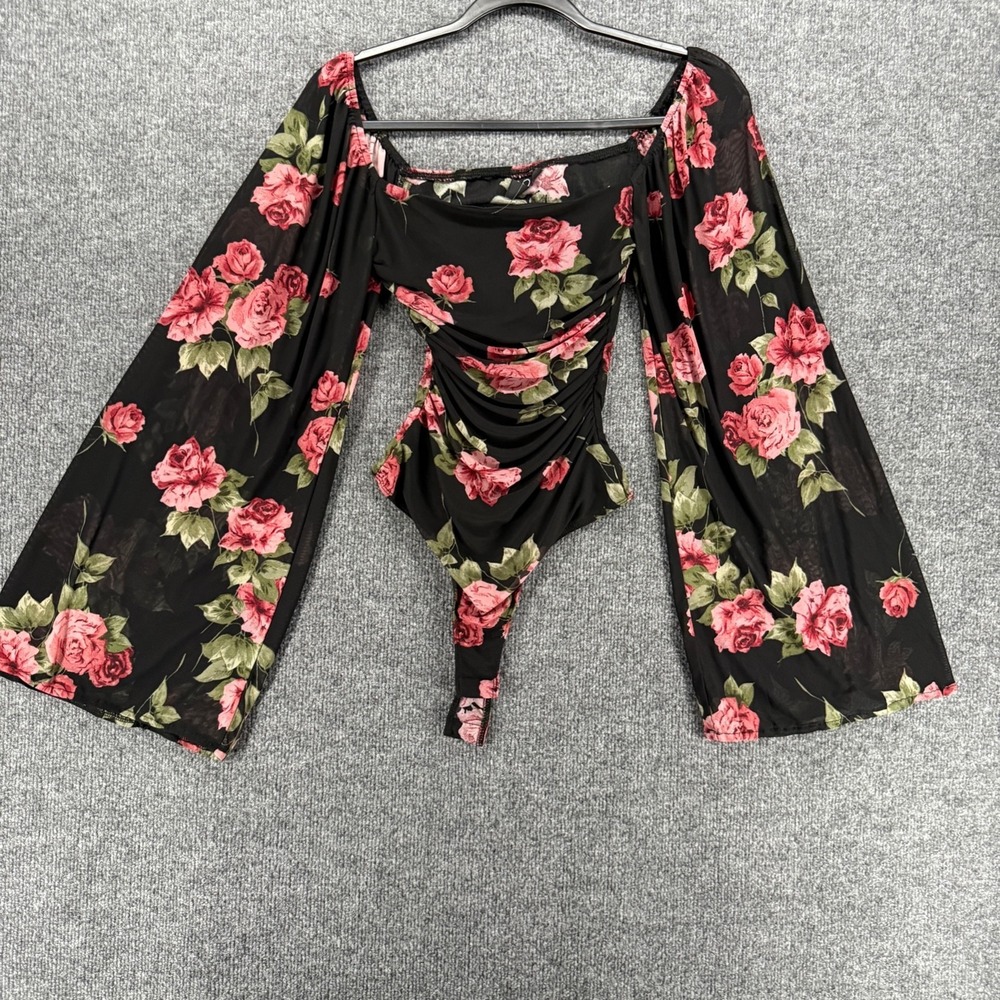 Womens Bodysuit Top Size S Black‎ Floral Mesh Fairycore Boho Coquette Romantic